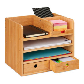 Relaxdays Organisateur Bureau, 2 tiroirs, 5 Compartiments, HxLxP: 26,5 x 33 x 24 cm, Bambou, Espace de Travail, Nature