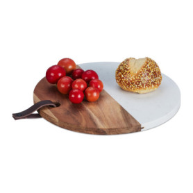 Relaxdays Planche à découper Ronde, marbre & Bois, Accessoire de Cuisine, HxD: 1,5x25 cm, à accrocher, Nature - Blanc