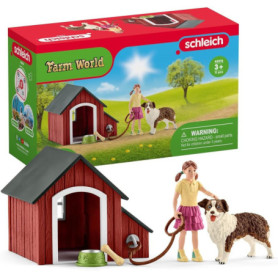 SCHLEICH Farm World | Niche pour Chien 42376 | Coffret avec Niche, Figurine de Fille & Accessoires | Jouet Ferme dès 3 Ans | 11 