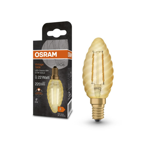 OSRAM Vintage 1906® Classic BW Fil LED lampe, E14, bougie torsadé, or, 2,5 W, 220lm, 2400k, couleur confort chaude, consommation