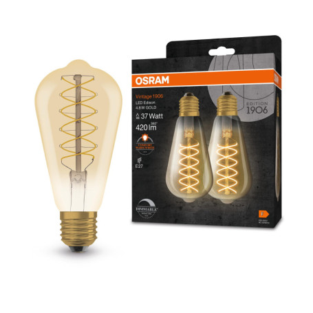 OSRAM lampada LED Vintage 1906 Edison,4.8W, 420lm,colore della luce bianco caldo,dim,CRI 80,E27,luce istantanea al 100%,idéal po