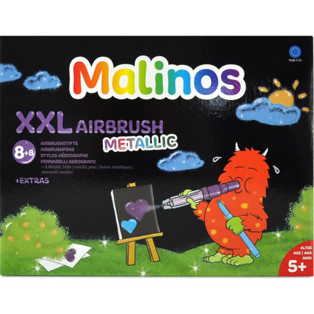 MALINOS XXL 8 + 8 aérographes à paillettes métalliques + marqueurs, crayons à souffler et crayons de peinture avec pochoirs et a