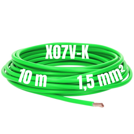 Kalitec Câble de câblage X07V-K 1,5 mm² vert - 10 m - Flexible - En PVC - Toron 1,5 mm² - Câblage à fils fins - Câble unique - C