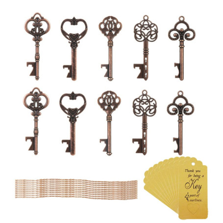 Amindz 10 Pièces Vintage Porte Clef Decapsuleur,Ouvre Clés en Forme avec Étiquettes et Ficelle,Bière Ouvreur Mariage,Clés Ouvreu