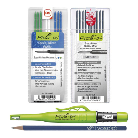 Pica Dry Lot de 10 marqueurs à trous profonds + 10 mines de rechange graphite 2B multi-usage + 8 mines de rechange résistantes a