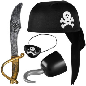 Balinco Set de pirate 4 pièces pour enfants comprenant un chapeau de pirate noir + un sabre + un cache-il + un crochet de pirate