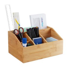 Relaxdays 10028807 Organiseur de Bureau Bambou, 6 Compartiments, Organisateur Crayon, boîte Rangement HLP 14x28x19,5 cm, Naturel