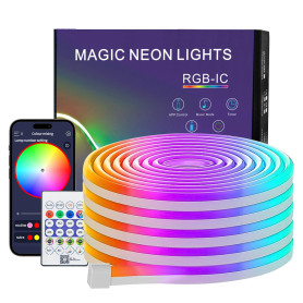 PSTAR Ruban LED Néon 5M, Bluetooth Flexible Néon en Silicone avec APP/Télécommande, Etanche IP67, Synchronisation Musicale, Déco