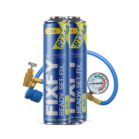 FIXFY 2w1 kit de recharge pour climatisation, avec tuyau et manomètre, gaz R134a/R12 de rechange avec huile, 2 bombes de 500 ml,