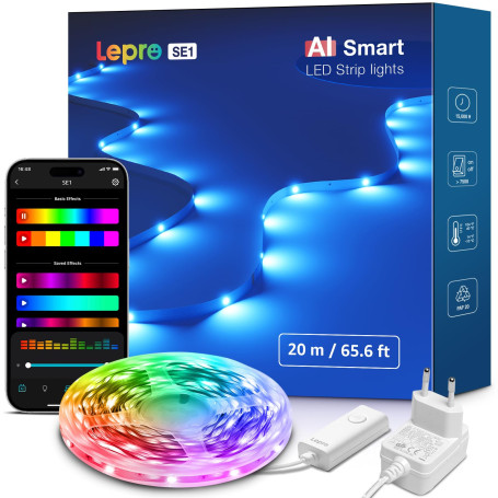 Lepro SE1 IA Ruban LED RGB Connectée 20M, Concepteur d'Éclairage IA Personnalisé, Bande Led Intelligentes Chambre Contrôlé par A