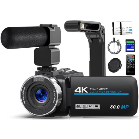 Caméscope 4K 80MP Caméra Vidéo pour YouTube,30FPS Webcam à Vision Nocturne IR Caméra, Zoom Numérique 18X de à Écran IPS 3.0 270°