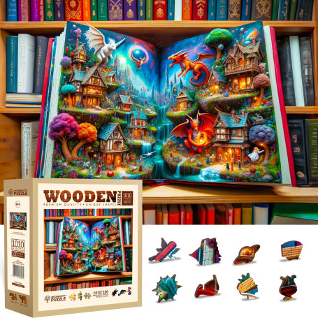 Wooden.City Enchanted Tales 1000 Pièces - Puzzle en Bois pour Adultes Original Coloré - Casse-Tête en Bois de Bibliothèque - Puz