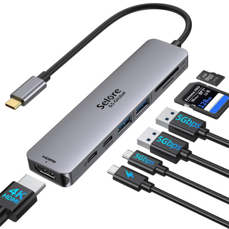 Adaptateur USB C, Selore Hub USB C HDMI 4K, Ports USB 3.0, Lecture de Carte SD/TF, Dock USB C 7-en-1 pour MacBook Pro 2020 MacBo