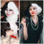ENCOUN Perruque Courte Noire Blanche, Années 1970 Accessoires, Cruella Costume, Cosplay 70s, avec Dentelle Masque, pour Hallowee