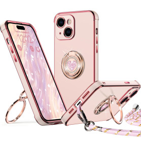 XYZ Coque pour iPhone 15 Plus, avec Double Anneau de Support Cœur, avec Lanière pour Filles et Femmes, Coque de Protection de Lu