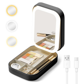 Cuteefun Miroir LED, Miroir de Voyage Lumineux avec Organisateur de Bijoux, 3 Couleurs de LumièRe, Luminosité Réglable, Recharge