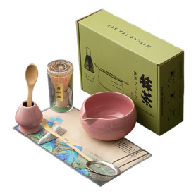 8 Pièces Matcha Set, Kit Matcha Complet, Bol en Céramique et Support, Tamis, Cuillère en Bambou et Support, Tissu à Thé, Kit de 