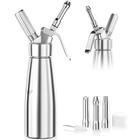 Newaner 500ml siphon chantilly, syphon à crème en aluminium avec 3 Douilles en Acier Inoxydable et 1 brosse de nettoyage, pour d