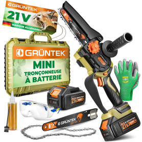 GRÜNTEK Mini Tronçonneuse à Batterie Scie Tronconneuse Électrique Sans Fil Brushless Élagueuse de Jardin avec 2 Batteries, 2 Cha