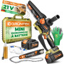 GRÜNTEK Mini Tronçonneuse à Batterie Scie Tronconneuse Électrique Sans Fil Brushless Élagueuse de Jardin avec 2 Batteries, 2 Cha