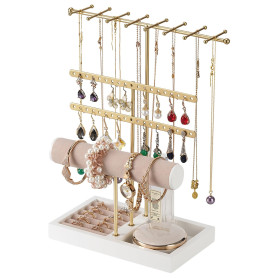 Rubessia Présentoir à Bijoux, Presentoir Boucle D'oreille avec Base en Bois, avec 38 Trous, Porte Bijoux Femme pour Colliers, Br