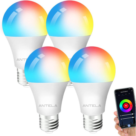ANTELA Ampoule Connectée Wifi E27 LED Multicouleurs RGB + CCT 2700K-6500K, Compatible Avec Alexa/Google Home, Ampoule Intelligen
