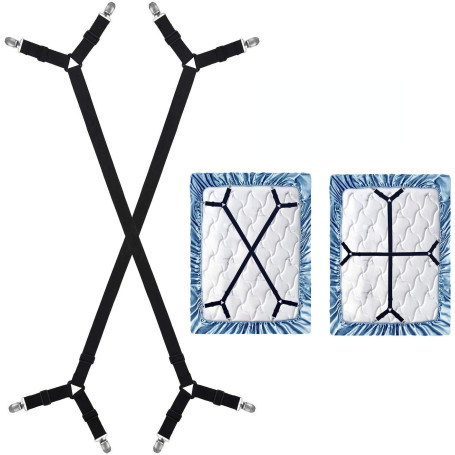 WADEO Lot de 2 Supports de Drap de Lit Réglables avec Clips et Bretelles - Tendeurs Réglables en Croix pour Drap-Housse - Compat