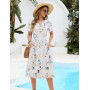 CMTOP Robe Femme Ete Chic et Elegant Col en V Fleurie Robe Mi Longue Décontractée Manches Courtes Boutons Genou Légère Robe Styl