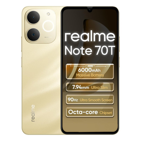realme Note 70T 4G 4+128Go Smartphone, 6.75 Pouces d'écran, Gold, 90Hz d'affichage, 6000 mAh de Batterie, 32 MP de caméra, Proce