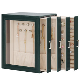 DesignSter Boîte à bijoux à 4 Niveaux pour femme, Coffret à Bijoux en PU avec tiroirs latéraux, Rangement Bijoux pour boucles d'