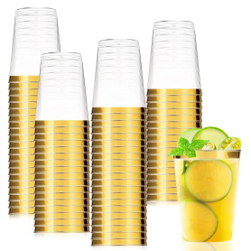 Viapriod Lot De 50 Gobelets Transparents Avec Bord Or En Rigide Réutilisables De 280 ml Pour Fête D'anniversaire, Mariage Et évé
