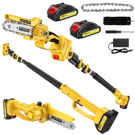 Mini Tronçonneuse a Batterie avec Perche Télescopique, 2 en 1 Tronconneuse avec 1000W Moteur & 2 Batteries de 2.0Ah, Tronconneus