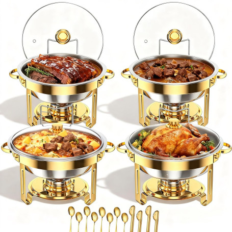 Lot de 4 plats ronds dorés pour buffet, chauffe-plats de 5 l et serveur de nourriture froide pour fêtes, événements, réunions de