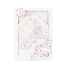 Cape de Bain Douce pour Bébé avec Capuche Éléphant - Blanc/Rose