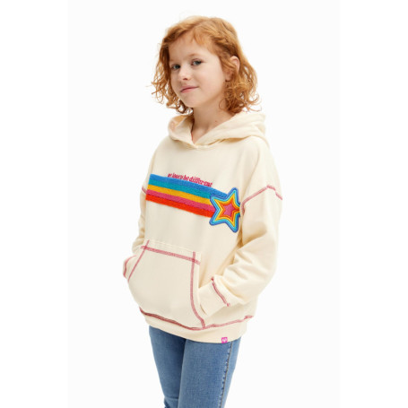 Sweat à Capuche Fille Desigual en Coton Blanc avec Poche Kangourou