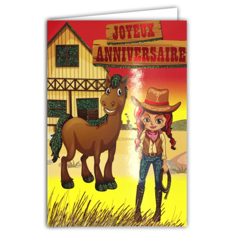 Carte d'Anniversaire Paillettes Cowgirl pour Fille - Enveloppe Jaune 12x17,5cm