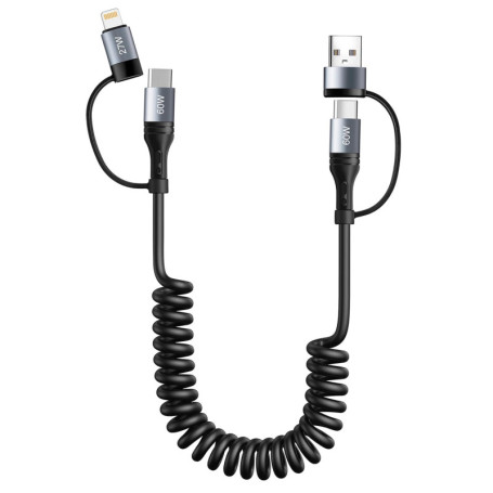Câble Spirale Miger 4 en 1 USB C et Lightning pour Voiture - Charge Rapide 60W