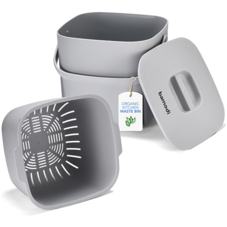 Poubelle de cuisine Bamodi à double compartiment avec filtre à charbon - 7L - Gris