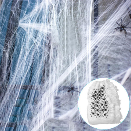 Toile d'Araignée Halloween 200g avec 40 Araignées Noires - Décoration Effrayante