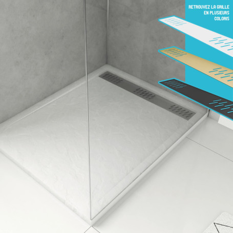 Receveur Extra Plat en Acrylique Blanc Effet Pierre 80x80 cm - Grille Linéaire Chrome