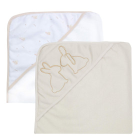 Trois Kilos Sept, Lot 2 Capes de Bain Bébé avec Capuche, Lapin Beige et Blanc, 70x70cm, Éponge Douce et Absorbante, pour Nouveau