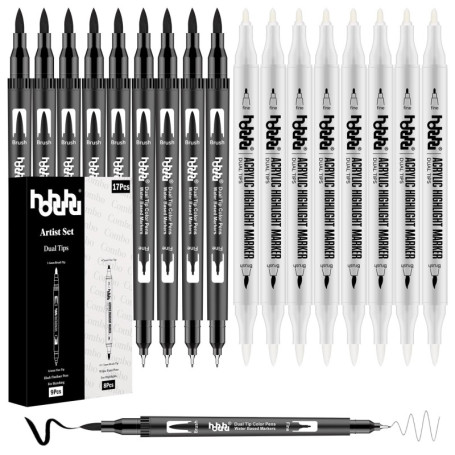 Ensemble de Stylos à Double Pointe Noir et Blanc pour Calligraphie et Dessin