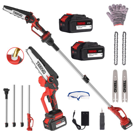 TEENO Tronçonneuse électrique, Tronçonneuse électrique 2 en 1, perche télescopique - détachable - Réglage à 180°, 6 pouces, 2 x 