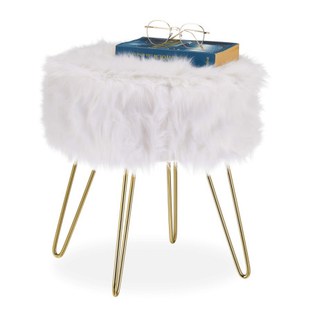 Tabouret en Fourrure Élégant Blanc et Doré - Relaxdays