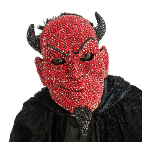 Masque de Diable Rouge et Noir avec Strass pour Halloween et Carnaval