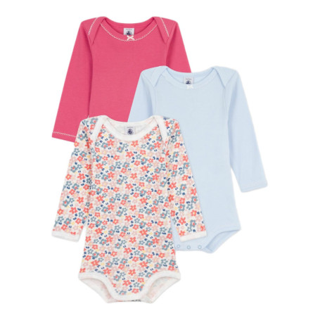 Lot de 3 bodies manches longues en coton fleuri pour bébé - Petit Bateau