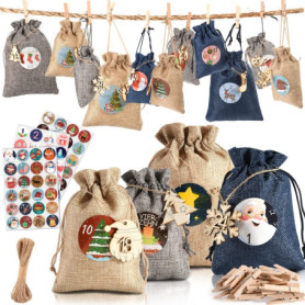 Calendrier de l'Avent en Jute à Remplir avec Étiquettes en Bois