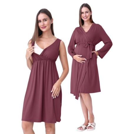 Ensemble de Nuit Maternité et Allaitement SUNNYBUY - Chemise et Peignoir Rouge
