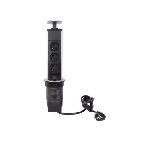 Multiprise escamotable Perel avec 3 prises Schuko, idéale pour cuisine et bureau