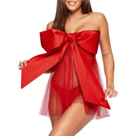 Robe Babydoll Sexy Rouge en Satin pour Femme - Lingerie Tulle sans Bretelles